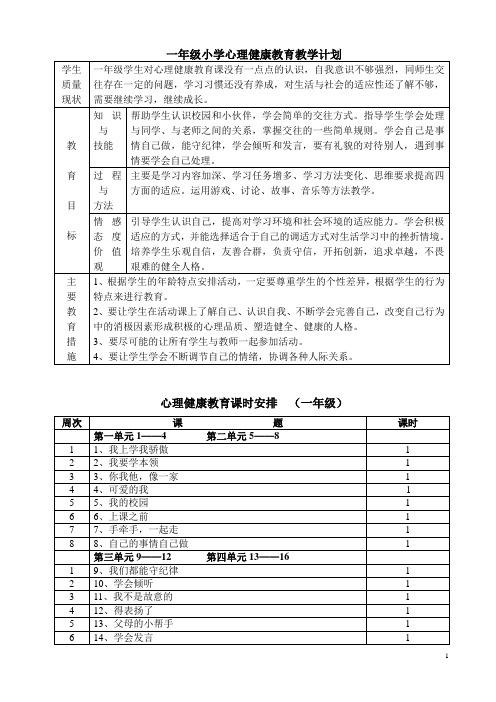 一年级全册心理健康教育教案(湖北长江出版社)