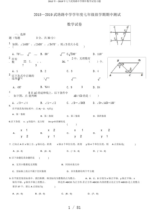 2018年—2019年七下武珞路中学期中数学试卷习题