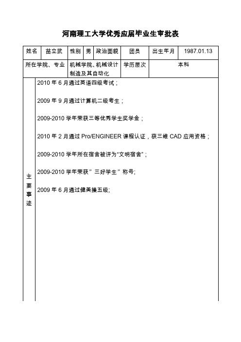 河南理工大学优秀应届毕业生审批表