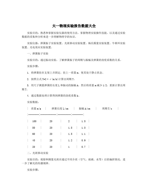 大一物理实验报告数据大全