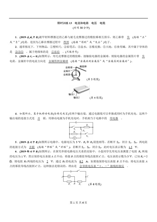 江西中考物理知识梳理精讲 限时训练 13 电流和电路 电压 电阻