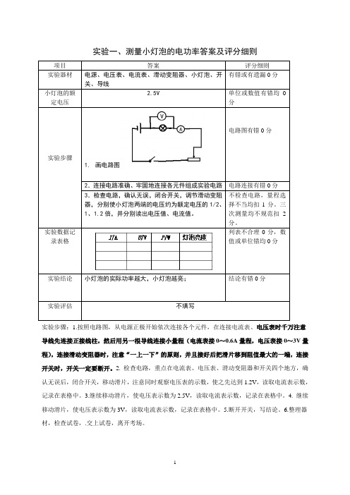 2015年聊城市中考实验操作考试物理答案