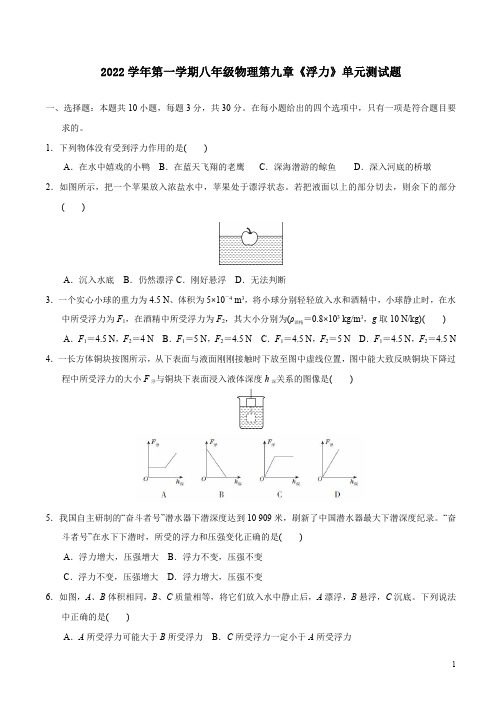 2022学年第一学期沪科版八年级物理第九章《浮力》单元测试题附答案解析