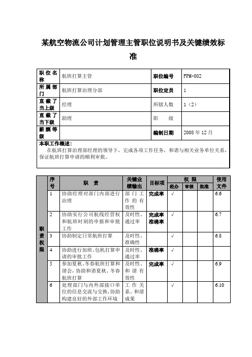 某航空物流公司计划管理主管职位说明书及关键绩效标准