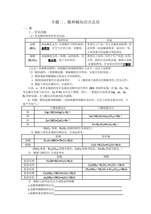 初三科学专题二《酸和碱》知识点总结