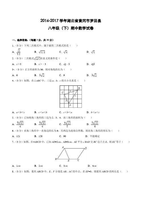 湖北省黄冈市罗田县2016-2017学年八年级(下)期中数学试卷(含解析)