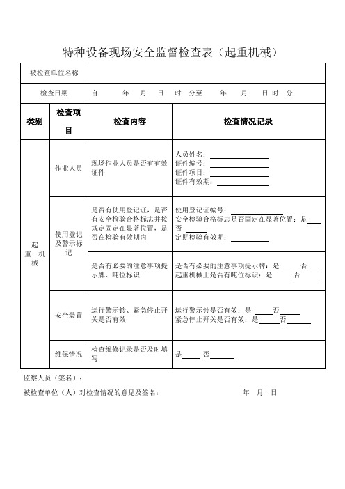 特种设备现场安全监督检查表(起重机械)