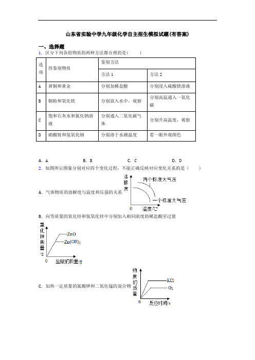 山东省实验中学九年级化学自主招生模拟试题(有答案)