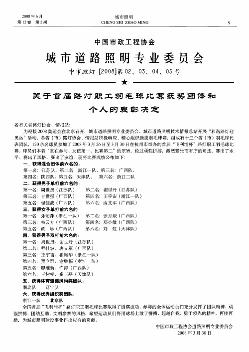 关于首届路灯职工羽毛球比赛获奖团体和个人的表彰决定