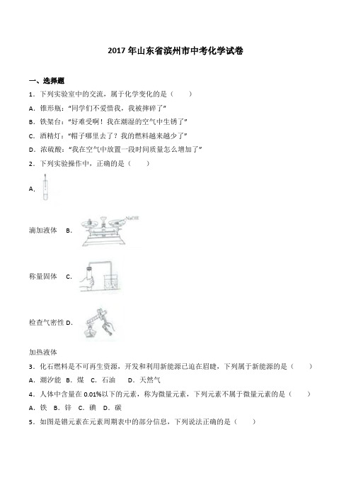 2017年山东省滨州市中考化学试卷含答案解析