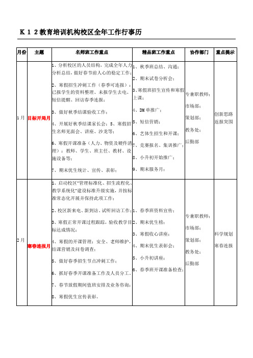 K12教育培训机构校区全年工作行事历