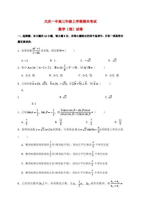 黑龙江省大庆第一中学2017届高三数学上学期期末考试试题理