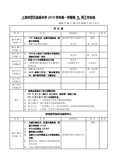 上海市晋元高级中学2018学年第一学期第九周工作安排