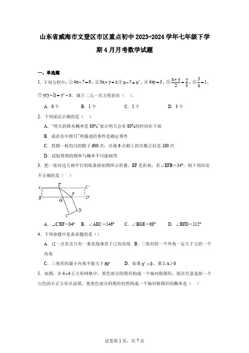 山东省威海市文登区市区重点初中2023-2024学年七年级下学期4月月考数学试题