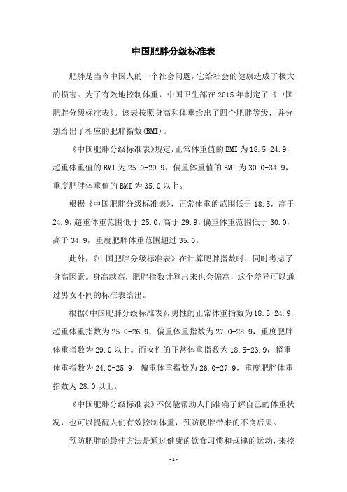 中国肥胖分级标准表