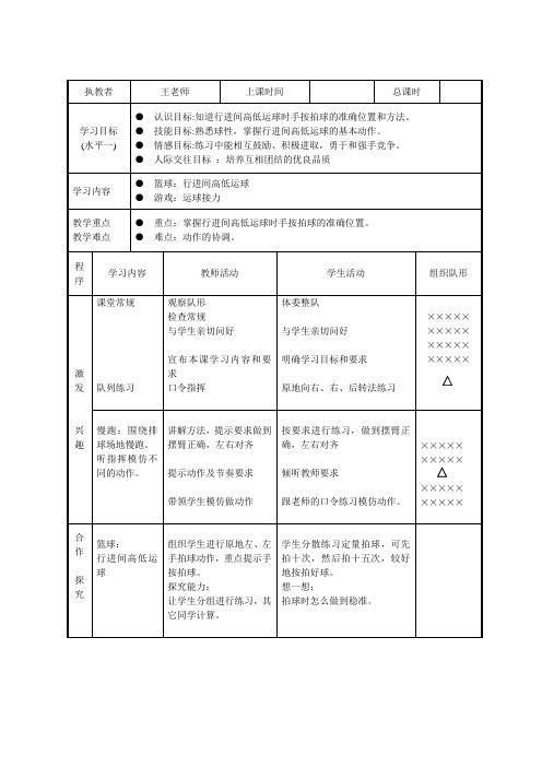 一年级下册体育表格式教案-第十四周(4课时)-通用版