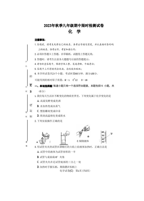 湖南省长沙市芙蓉区长郡教育集团 2023-2024学年第一学期初三期中化学试卷(含答案)