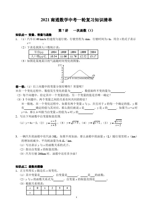 2021年江苏南通数学中考一轮复习知识清单  专题复习一次函数