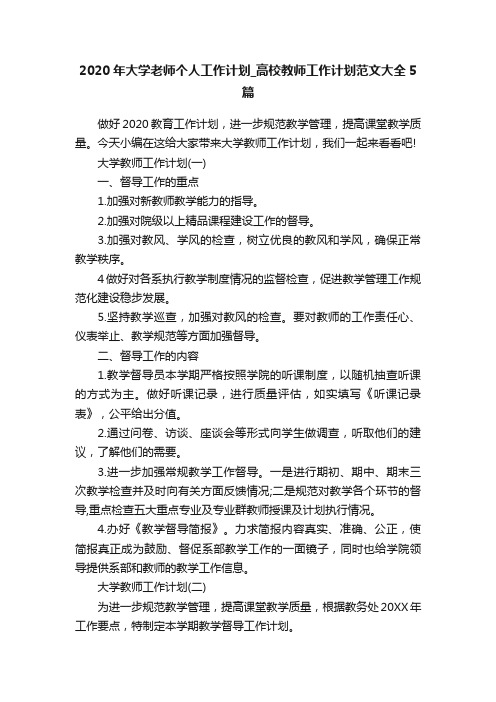 2020年大学老师个人工作计划_高校教师工作计划范文大全5篇