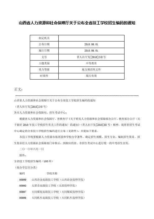 山西省人力资源和社会保障厅关于公布全省技工学校招生编码的通知-晋人社厅发[2010]245号