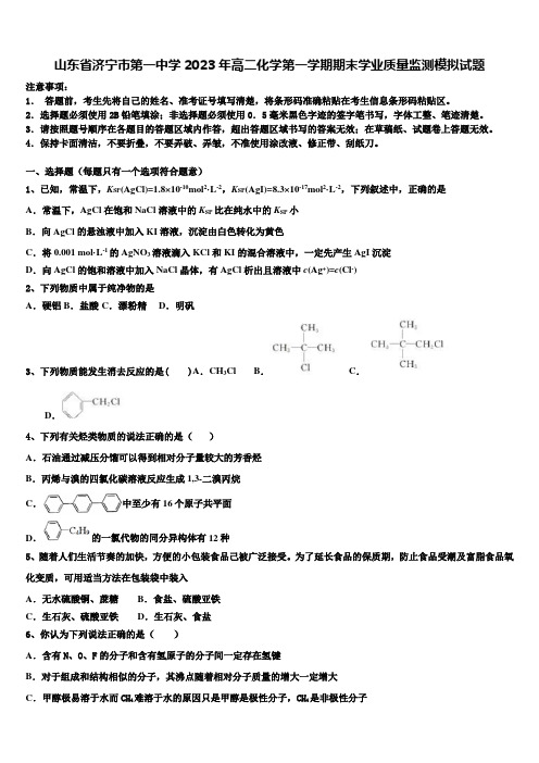 山东省济宁市第一中学2023年高二化学第一学期期末学业质量监测模拟试题含解析