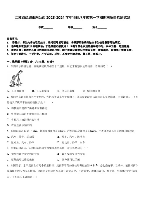 江苏省盐城市东台市2023-2024学年物理八年级第一学期期末质量检测试题含答案