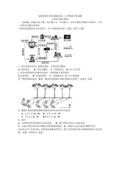 安徽省皖西名校2019届高三上学期适应性考试文综地理试题