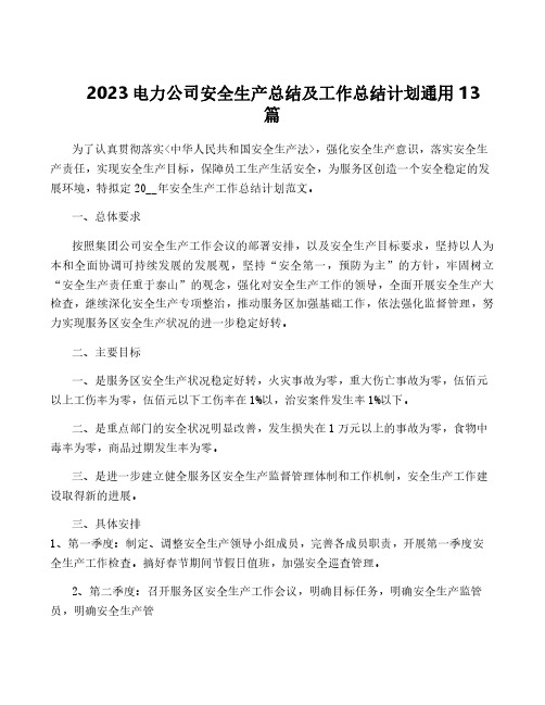 2023电力公司安全生产总结及工作计划通用13篇