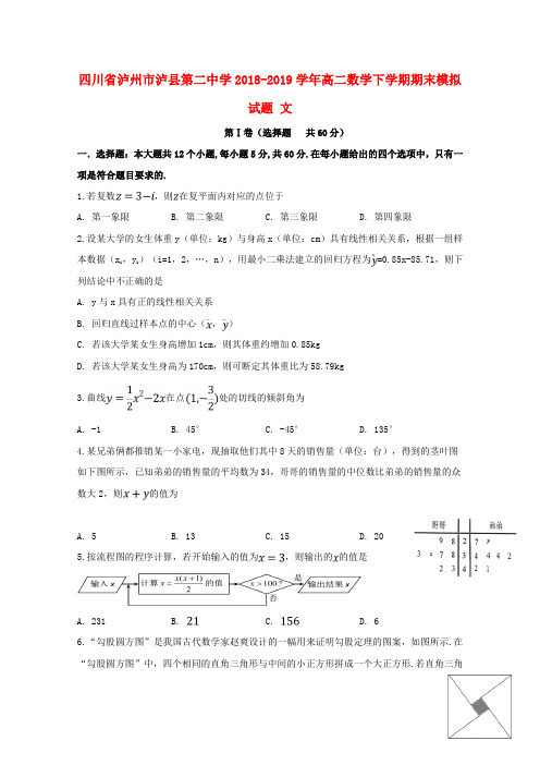 四川省泸州市泸县第二中学2018_2019学年高二数学下学期期末模拟试题文