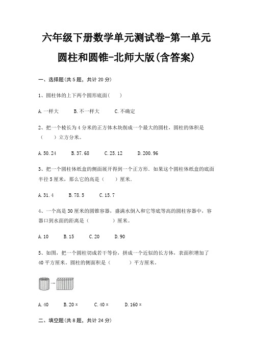 北师大版六年级下册数学单元测试卷第一单元 圆柱和圆锥(含答案)