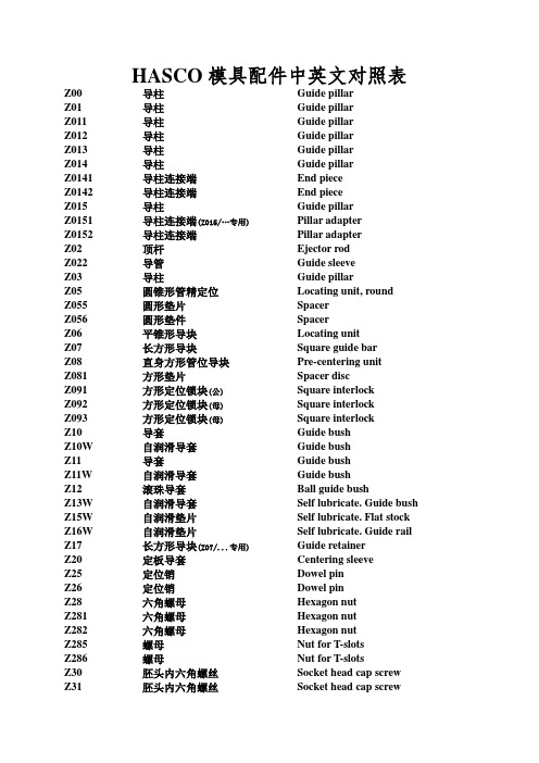 HASCO模具配件中英文对照表
