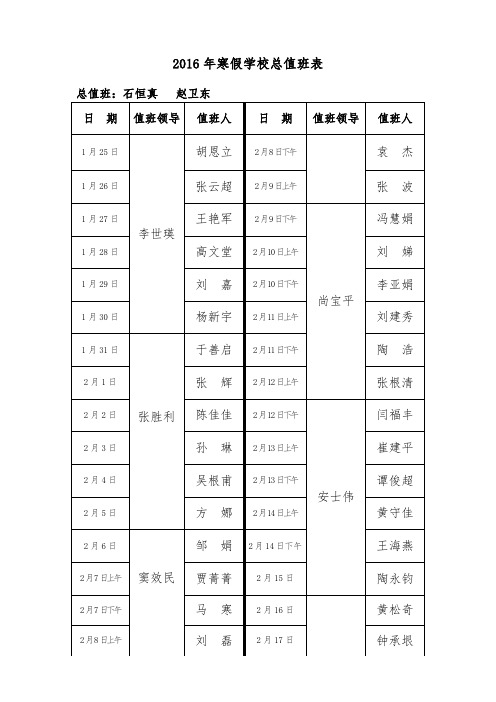 2016年假学校总值班表