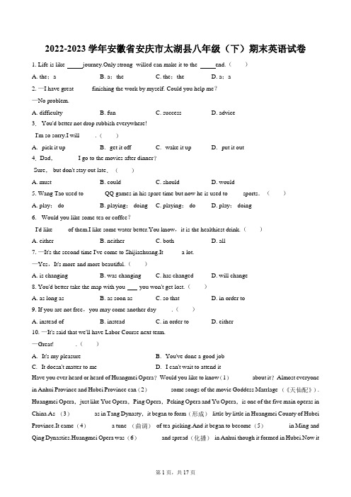 2022-2023学年安徽省安庆市太湖县八年级(下)期末英语试卷(含答案解析)