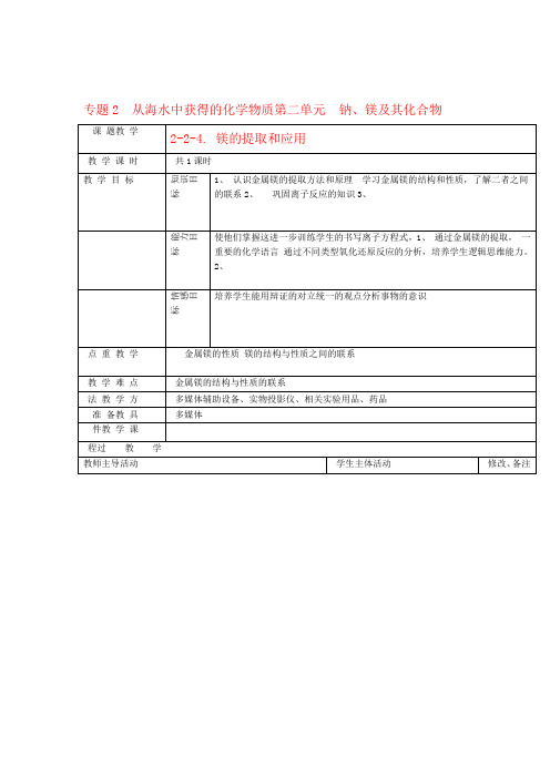 高中化学钠 镁及其化合物镁的提取与应用教案2 苏教版必修1