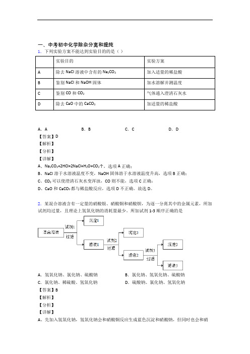 2020-2021中考化学培优 易错 难题(含解析)之除杂分离和提纯及答案