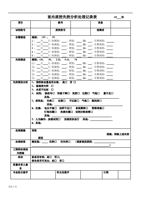 室内质控失控分析处理记录表