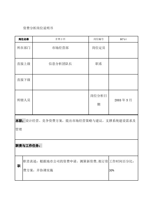 通信行业市场经营部资费分析岗位说明书