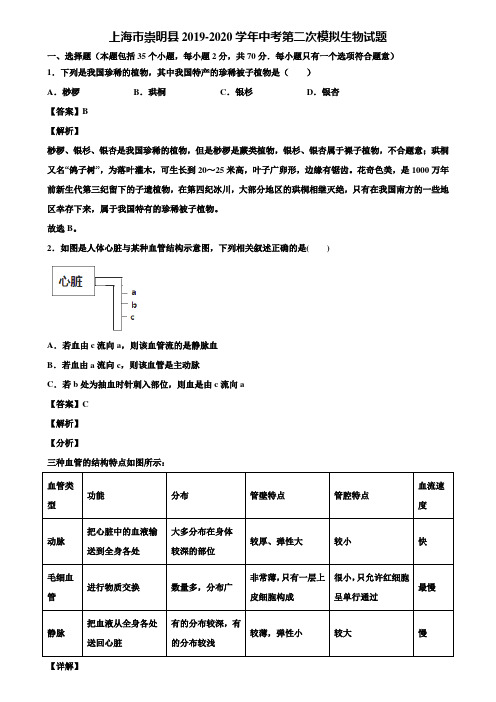 上海市崇明县2019-2020学年中考第二次模拟生物试题含解析