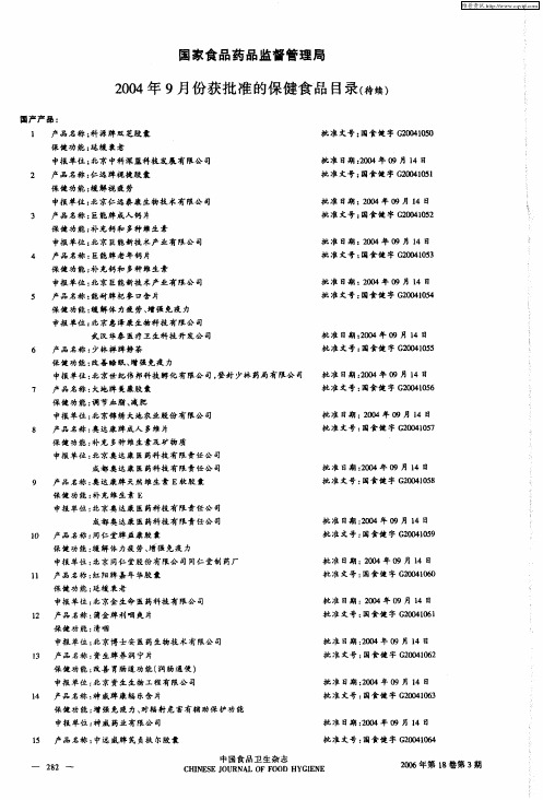 国家食品药品监督管理局2004年9月份获批准的保健食品目录(待续)