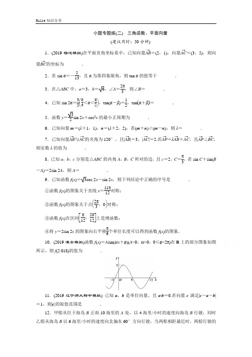 江苏高考理科数学二轮练习：小题专题练(二) 三角函数、平面向量  