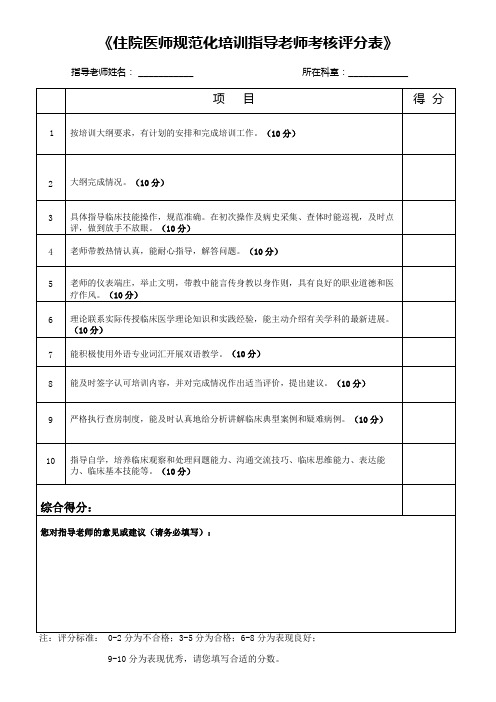 住院医师规范化培训指导老师考核评分表