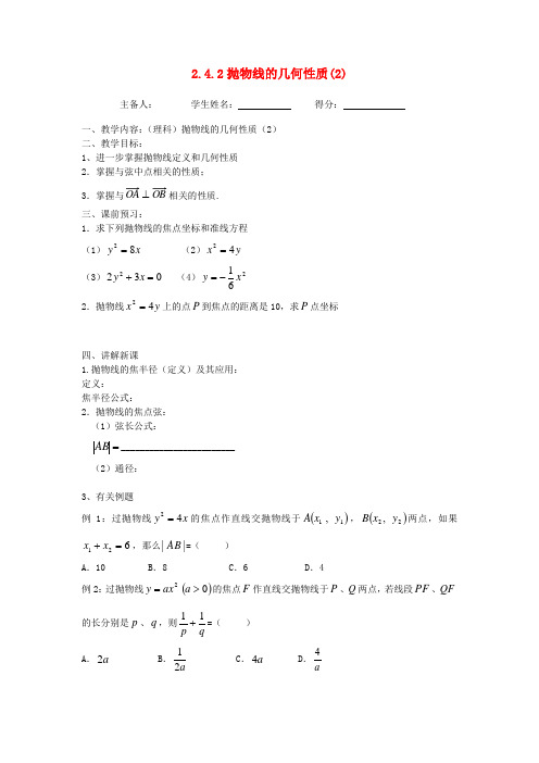 江苏省东台市高中数学第二章圆锥曲线与方程2.4.2抛物线的几何性质2导学案无答案苏教版选修1_1