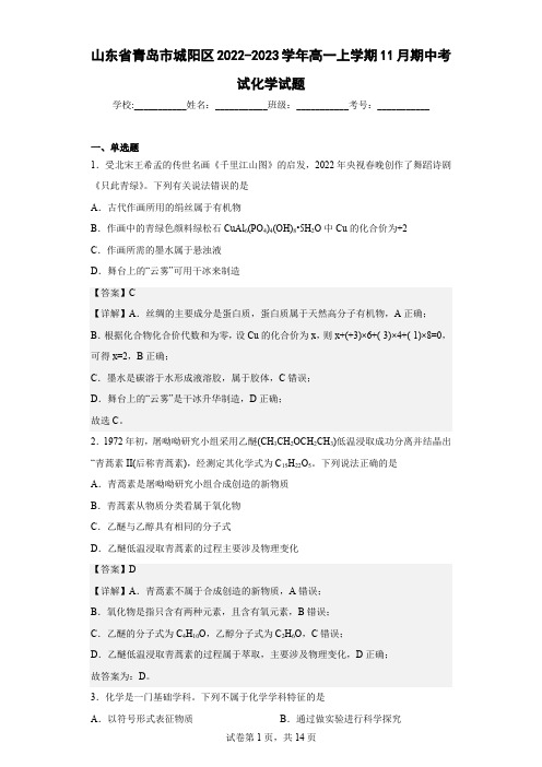 2022-2023学年山东省青岛市城阳区高一上学期11月期中考试化学试题(解析版)