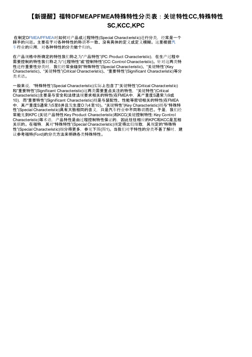 【新提醒】福特DFMEAPFMEA特殊特性分类表：关键特性CC,特殊特性SC,KCC,KPC