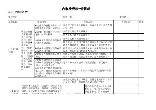 ISO9001内审检查表销售部