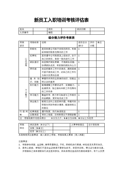 新员工入职培训考核评估表