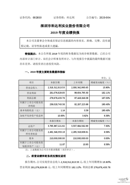 科达利：2019年度业绩快报