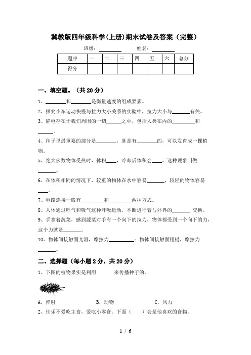 冀教版四年级科学(上册)期末试卷及答案(完整)