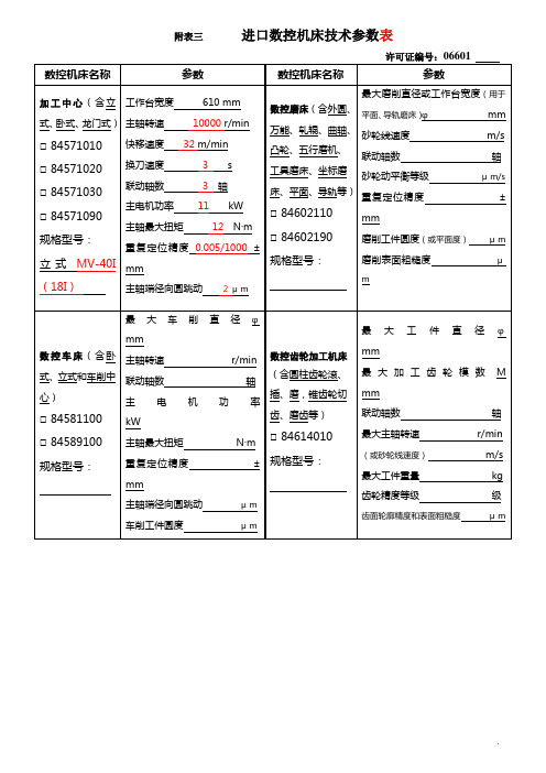 进口数控机床技术参数表