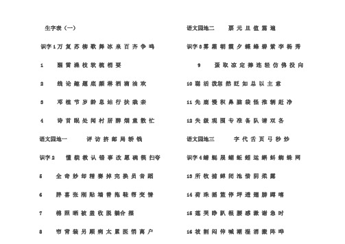 人教版小学语文一年级下册生字表打印版